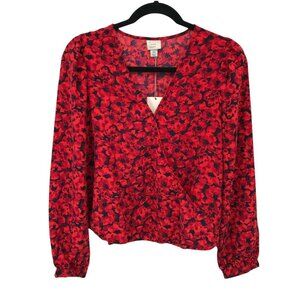 A New Day Womens Long Puff Sleeve V Neck Wrap Red Floral Blouse Top Size XS